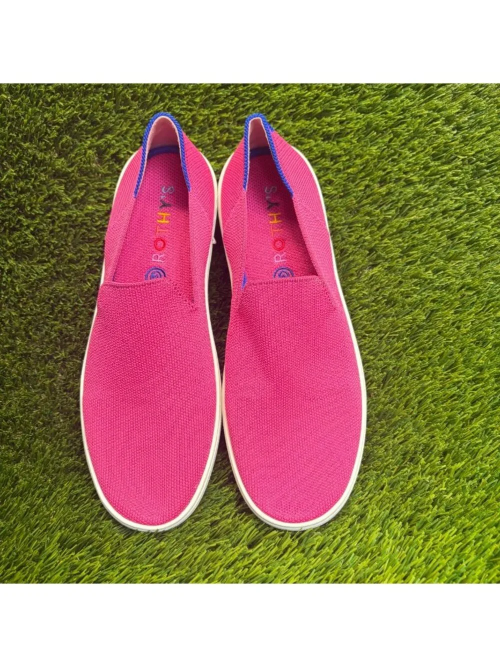 Rothy's The Original Womens Size 9 Pink White Blue Casual Walking Slip-On Shoes